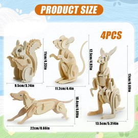 Woodcraft Construction Kits, 4 Pcs 3D Animal Wooden Puzzle Animal Wooden Model Puzzle Kits Dog Mouse Squirrel Kangaroo 3D Puzzle Jigsaw Wooden Model for Kids