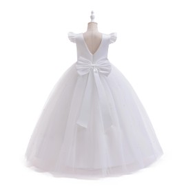 Glamulice Flower Girl White Dresses V Open Back Flutter Sleeve Satin First Communion Dress for Girls Birthday Princess Bridesmaid Tulle Maxi Long A Line Kids Pageant Wedding Party Formal Ball Gown 6 7
