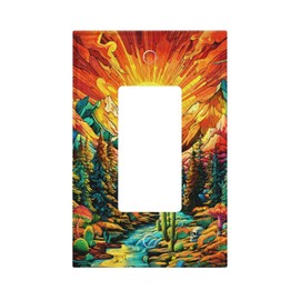 Forest Sun Hippie Boho Mountain Light Switch Cover Plates 1 Gang Single Rocker Wall Plate Decorative Electrical Faceplate for Bathroom Bedroom Home Decor Accessories 5" x 3"