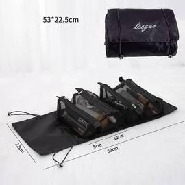 Large Capacity Hanging Roll-Up Travel Toiletry Organiser Bag with 4 Detachable Removable Zipper Mesh Compartments Black