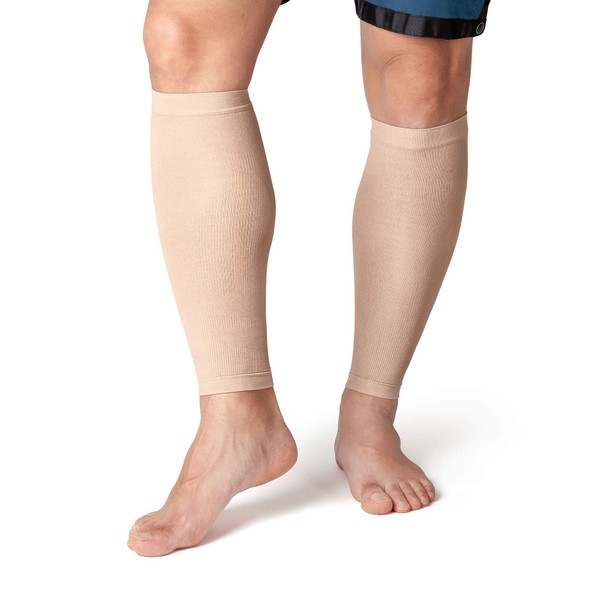 Calf Compression Lycra Sleeve - Multi Levels of Compression - TRIZONE Ankle Support - Beige - MediumLarge - 1 Pair