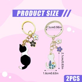 Satiskid 2Pcs Cute Cat Keychain for Women - Japanese Style Enamel Flower Cat Keyring, Kawaii Bag Charms for Purse, Backpack, Car Keys - Perfect Cat Gift for Girls (White and Black)​
