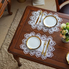 ARTABLE Lace Doily Placemats Round Lace Place Doilies Embroidered Flower Cup Mat Vase Mat for Table Topper Home Decoration Dinner Table (12 x 18'' 2pcs set, White)