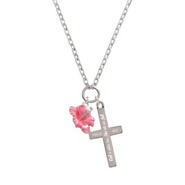 Delight Jewelry Silvertone Hot Pink Hibiscus Flower - She will not Fall Engraved Cross Zoey Necklace, 28"