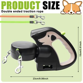 Double Retractable Dog Lead, Roller Lead with LED Light, Extendable Double Dog Lead for 2 Dogs, 3 m Dog Lead, Flexi, Non-Slip Handle, Quick Brake Button for Small and Medium Dogs (Brown)