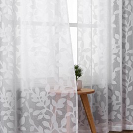 OVZME White Sheer Curtains 54 inches Long 2 Panels for Living Room, Jacquard Clip Leaf Pattern Textured Light Filtering Window Semi Sheer Voile Drapes for Bedroom, Each Panel 42 x 54 Inch