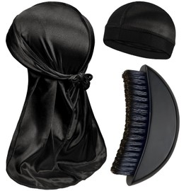 Curved Wave Brush, Premium Bristle Brush for Pro Waver, Silky Durags with Stocking Cap for Men 360, 540, 720 Wave, Satin Wave Cap Good Compression over Doo Rags （black）
