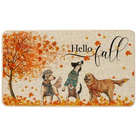 Baccessor Hello Fall Dog Doormat Rug,Thanksgiving Autumn Funny Golden Retriever Outdoor Doormat Mat Non Slip Rubber Backing Entrance Seasonal Outside Indoor Front Kitchen Decoration 17 x 29 Inch