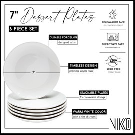 Vikko Dessert Plate, Set of 6 White Plates, Fine Porcelain, Stackable 7 Inch Dessert Plates, Dishwasher Safe, 7/'' Dessert Plate