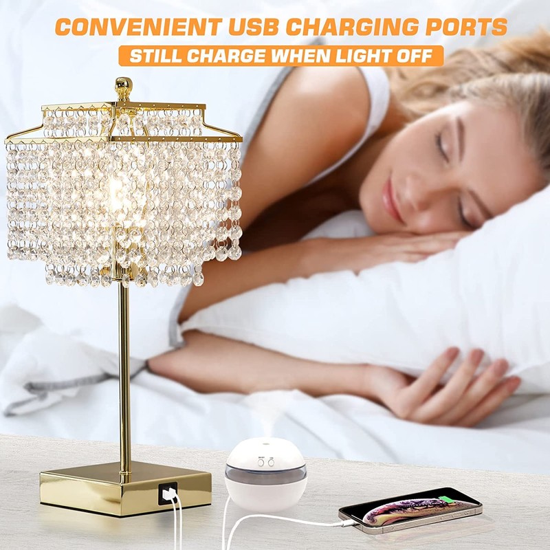 Luvkczc Set of 2 USB Bedside Crystal Table Lamp Gold,