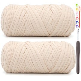 2 Pack Tshirt Yarn for Crocheting,BeigeT Shirt Chunky Elastic Fabric Thick T-Shirt Crochet Yarn for Beginners Crocheting Hand Knitting Bag/Basket/Coasters/DIY Crafts/Home Decor 2 * 200G(Beige
