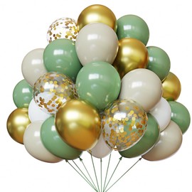 Sage Green Gold White Balloons, 67pcs 12 Inch Sand White and Green Gold Confetti Party Balloons for Baby Shower, Safari, Birthday, Graduation, Eucalyptus Party Decorations