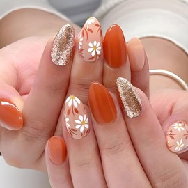 Almond Press on Nails Medium Fake Nails with Flower Designs Orange Nails Press ons Glossy Glue on Nails Glitter Fall Acrylic Nails Artificial Stick on Nails for Women 24Pcs
