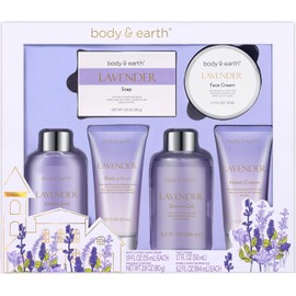 Set de regalo de baño y cuerpo, juego de 6 piezas de baño de lujo para mujeres, cuerpo y tierra Spa con aroma de lavanda – Baño de burbujas, gel de ducha, crema de manos y cara, loción corporal, jabón de manos, caja de regalo perfecta para mujeres