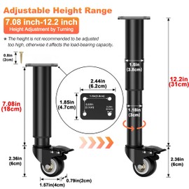 Wlrrcwdttc 7-12 inch Metal Adjustable Furniture Legs with 2.36 inch Swivel Caster Wheels for Cabinet/Sofa/Bed/Dresser/Couch/Coffee Table,Heavy Duty Replacement Support Legs with Caster Wheels Set of 4