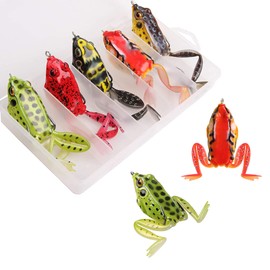 Topwater Frog Fishing Lure Kit, 5pcs Soft Artificial Bait Hollow Frog Lure with Double Hooks Weedless for Bass Pike Snakehead Dogfish Musky with Tackle Box