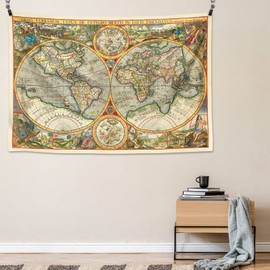 CoolChange Large Tapestry with Historical World Map | Zodiac Sign Constellations | Peter Kaerius Double Hemisphere World Map | World Map | 165 x 120 cm
