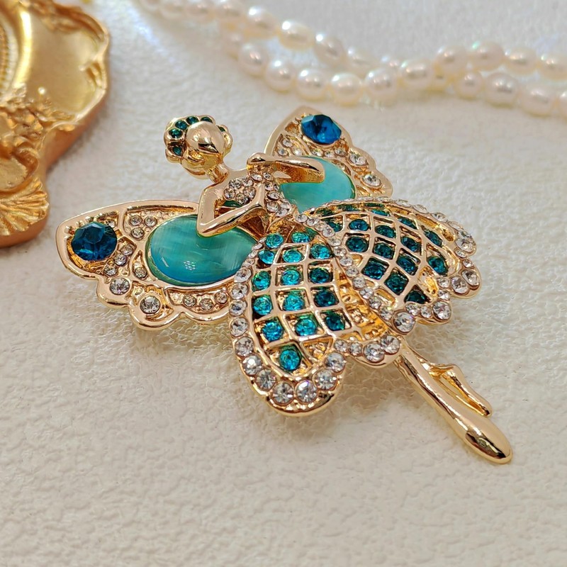 Enchanting Gold - toned Ballerina Fairy Brooch with Turquoise &