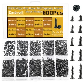 Zmbroll 600Pcs Black M2 Pan Head Self-Tapping Screw,Phillips Cross Round Head Wood Screws,Mini Carbon Steel Fastener,Sheetmetal Screw,Small Electronic Screws for Plastic Wood Soft Metal