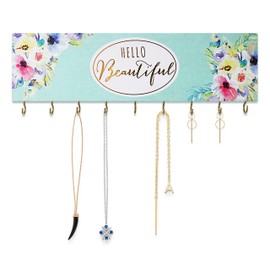 SANY DAYO HOME Wall Mount Necklace Holder Organizer with 9 Jewelry Hooks for Ring, Hair Bow, Headband, Purse - Wall Decor for Girls Room - Hello Beautiful