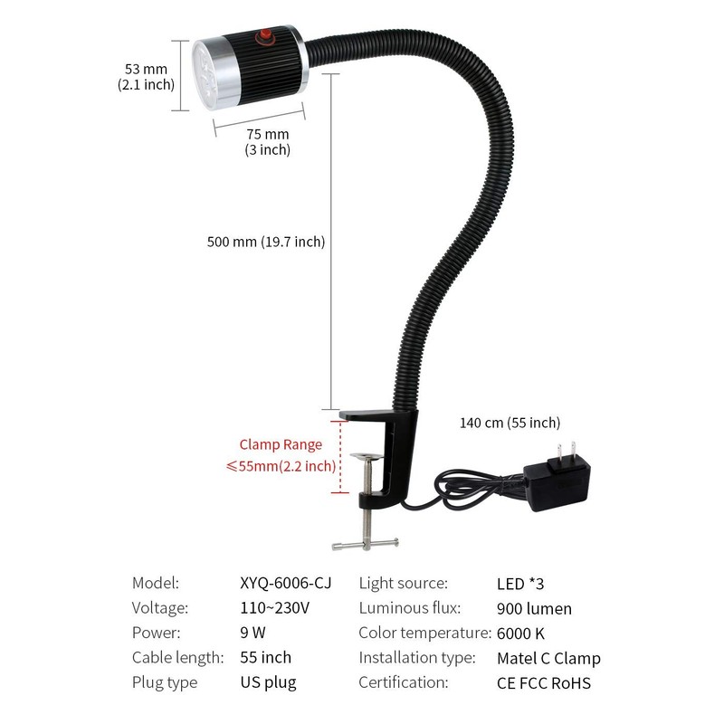 Gooseneck LED Light, Clamp Gooseneck Light 900 Lumen 120 Volt