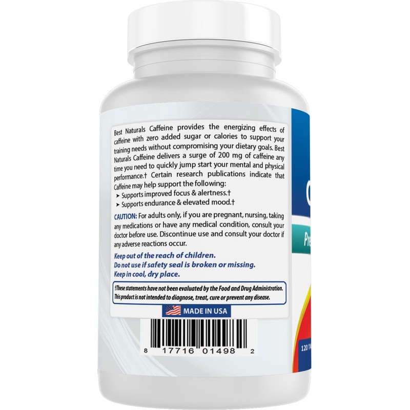 Best Naturals Caffeine Pills 200mg, 120 Count