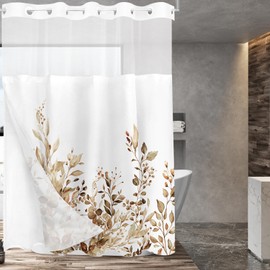 Tititex No Hooks Snap in Liner Tan Eucalyptus Leaves Shower Curtain Sets, Hotel Luxury Double Layers Waterproof Fabric & See-Through Top Window Bathroom Decorative 72x84 Inch