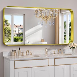 FORBATH 60x30 Inch Large Bathroom Mirror for Double Sinks, Brushed Gold Deep Frame Wall Mirror with Rounded Corners, Anti-Rust Tempered Glass for Modern Farmhouse Vanity (Horizontal/Vertical)