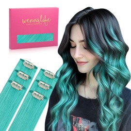 WENNALIFE Teal Green Clip in Hair Extensions Real Human Hair 30g 6pcs 18 Inch Colored Hair Extensions for Kids Women Colorful Hair Pieces Pop-up Style Straight Extensiones De Cabello Humano Con Clip
