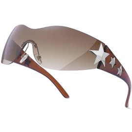 Haqptul Rimless Y2K Sunglasses Star Wrap Around Glasses 2000S Accessories for Women Men Trendy Fashion Cool Shield Shades (Brown/Brown)
