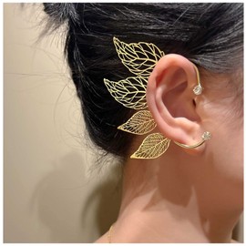 Yheakne Boho Exaggerated Leaf Cuff Wrap Earrings Gold CZ Leaf Ear Climber Earrings Brass Leaves Cartilage Ear Crawler Earrings Punk Clip On Wrap No Jewellery for Women and Girls (Right)
