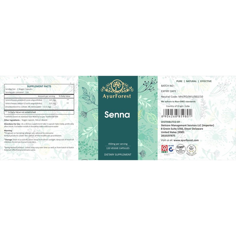 AYURFOREST Senna Supplement Capsules | 120 Count (500 mg)