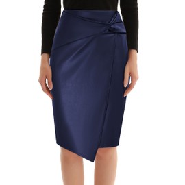 Kate Kasin Women Faux Leather Pencil Skirt Wrap Knot Knee Length Pencil Skirt Business Bodycon Skirt Dark Blue-Leather L