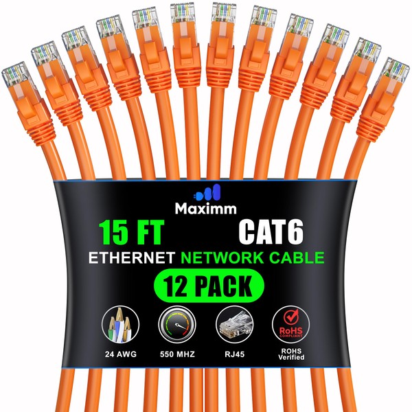 Maximm Cat 6 Ethernet Cable - 15 ft (12-Pack) -