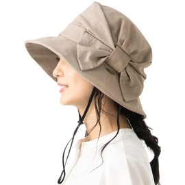 QUEENHEAD Women's Hat, UV Protection, Large Size, Side Ribon Hat, Wide Brim, UV Protection, Removable Chin Strap, Washable, Small Face, latte