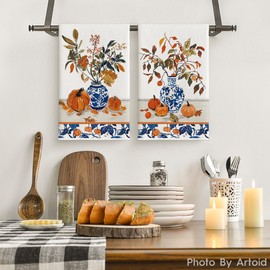 Artoid Mode Blue Vase Pumpkin Fall Kitchen Towels Dish Towels, 18x26 Inch Farmhouse Leaves Autumn Decoration Hand Towels Set of 2