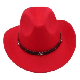 Syrios GIfts Red Western Cowboy Cowgirl Hat Felt Wide Brim Star Band Unisex Rodeo