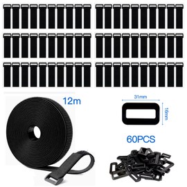 Rhimooay 12 m x 2.5 cm Velcro Cable Ties Resealable, Cable Ties Velcro with 60 Buckle, Free Cutting Length Cable Ties Velcro Fastening, Velcro Cable Ties for Cable Organising, Hoses