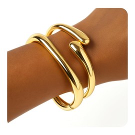 2Pcs Gold Chunky Bangles Bracelets for Women 14K Gold Chunky Bracelet Set Stack Gold Bangle Bracelet Statement Wrist Jewelry Gold Cuff Accessories Trendy Bracelets for Girls