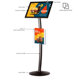 M&T Displays Curved Menu Board 11x17 Inch Pedestal Sign Holder with 8.5x11 Inch Brochure Holder Black Floor Standing Aluminum Front Loading Easy Open Poster Message Advertisement Post