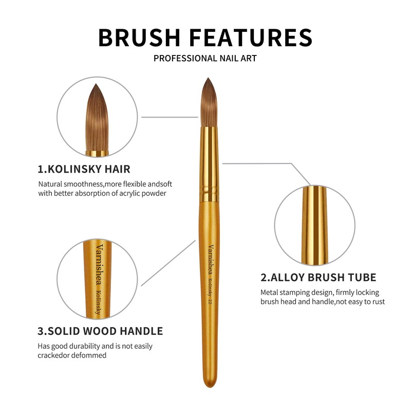 Kolinsky Acrylic Nail Brush Golded Solid Wood Handle Professional Manicure