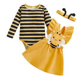 Dubute Infant Newborn Girl Bee Outfits Romper Bee/Beetle Suspender Skirt Headband Set Toddler 3Pc Cosplay Clothes Set (Yellow, 0-3 Months)