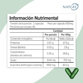 Espirulina 100% Pura | 120 Cápsulas De 600mg | Natgel Sabor Sin Sabor
