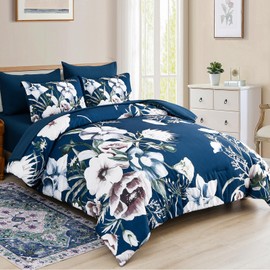 Luxudecor Floral Comforter Set Queen Size 7 Piece,Navy Flower Bed in a Bag, Elegant Comforter Bedding Set for All Season (Navy, 90"x90")