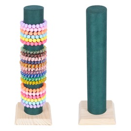 PowerKing Velvet Jewelry Bracelet Watch Display Stand - 2-Pack Hair Band Vertical Towers - Bangle and Scrunchie T-Bar Rack Holder - Women's Home Closet Organizer (Emerald Green+Wooden)