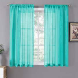 Tollpiz Short Sheer Curtains Linen Textured Bedroom Curtain Sheers Light Filtering Rod Pocket Voile Curtains for Living Room, 54 x 45 inches Long, Aqua Blue, Set of 2 Panels