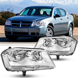 Pair Headlights Assembly DOT Approved Assembly For 2008-2014 Dodge Avenger SE SXT R/T Mainstreet Heat Sedan Replacement Headlamps Chrome Housing Clear Reflector