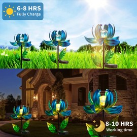 Solar Yard Lights Wind Spinners- Metal Lotus Flower Garden Decor LED Crackle Glass Globe Yard Art Sculpture Solar Stake Lights for Patio Pathway Lawn Walkway