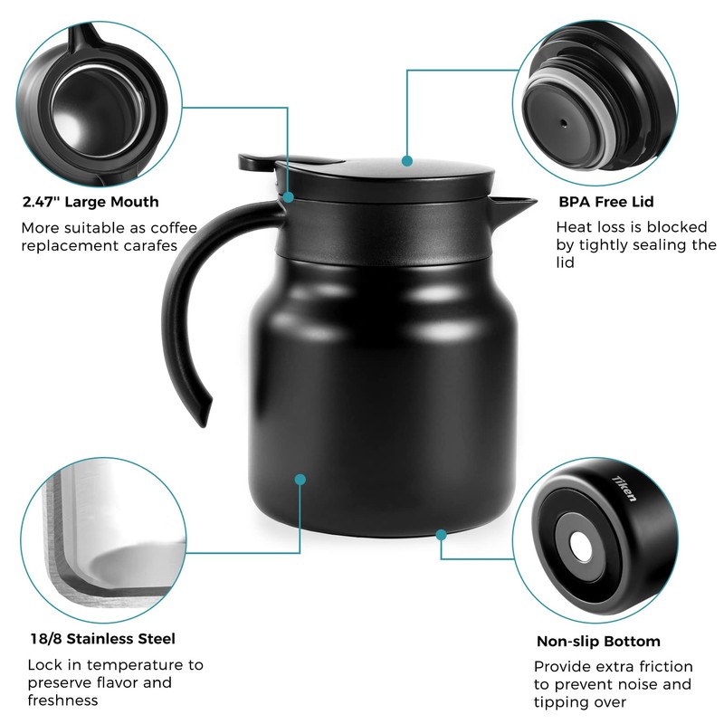 Tiken 800MLThermal Coffee Carafe Jug, Double Walled Stainless Steel Insulated