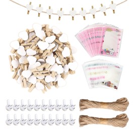 100Pcs Clips with 10 Meters String and 2Pcs Seamless Nails, 20Pcs Photo Card Holders, Wooden Love Clips, Holiday Card Holders, Photo Clips, DIY Art Decoration Clips
